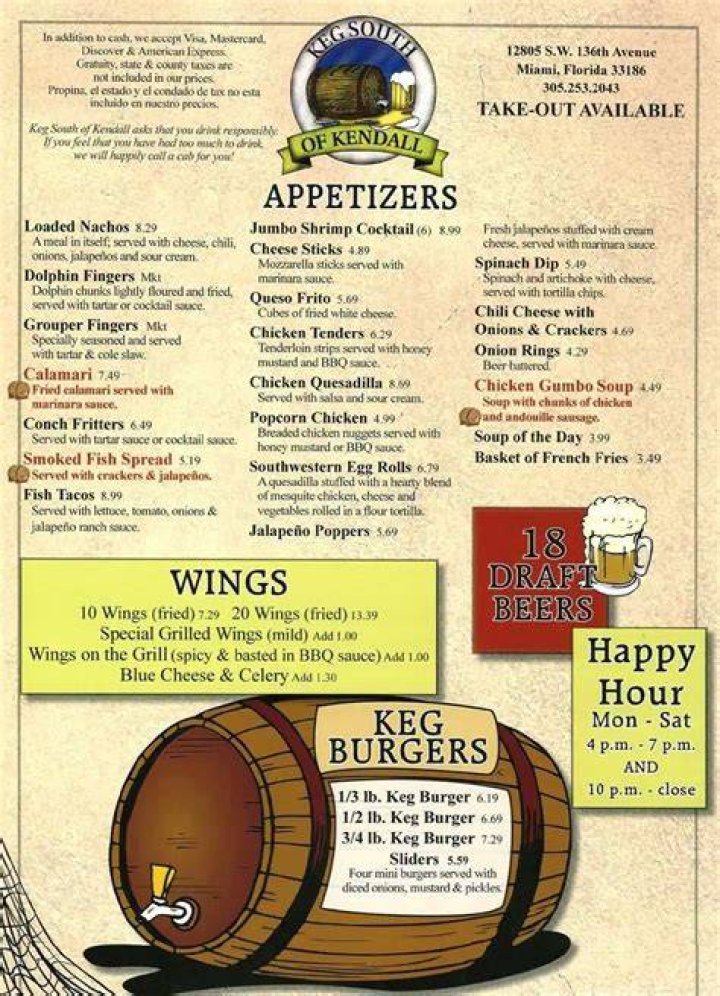 Menu of Keg South of Kendall, Kendall/Pinecrest, Miami
